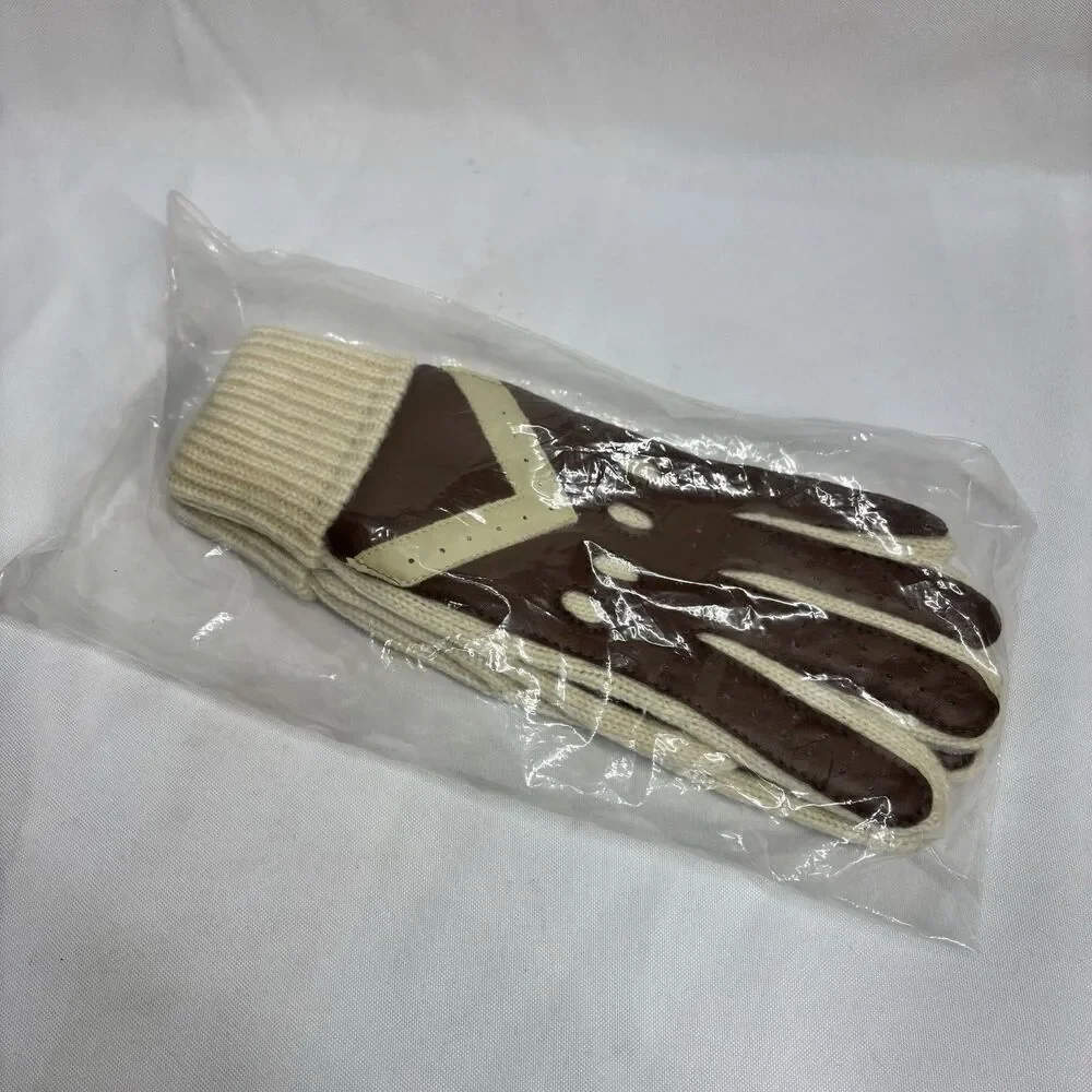 Vintage L’Eggs Style 8834 Gloves Brown Cream Knit Vinyl NOS New Old Stock Retro
